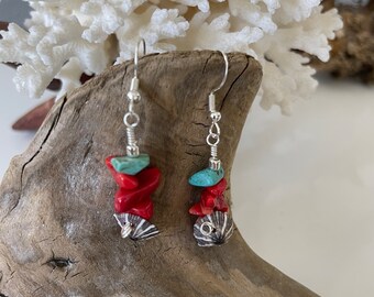 Shell Limpet Coral and Turqoise Drop Dangle Earrings in Silver