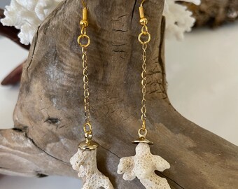 Coral Shell Drop Dangle Earrings in Gold