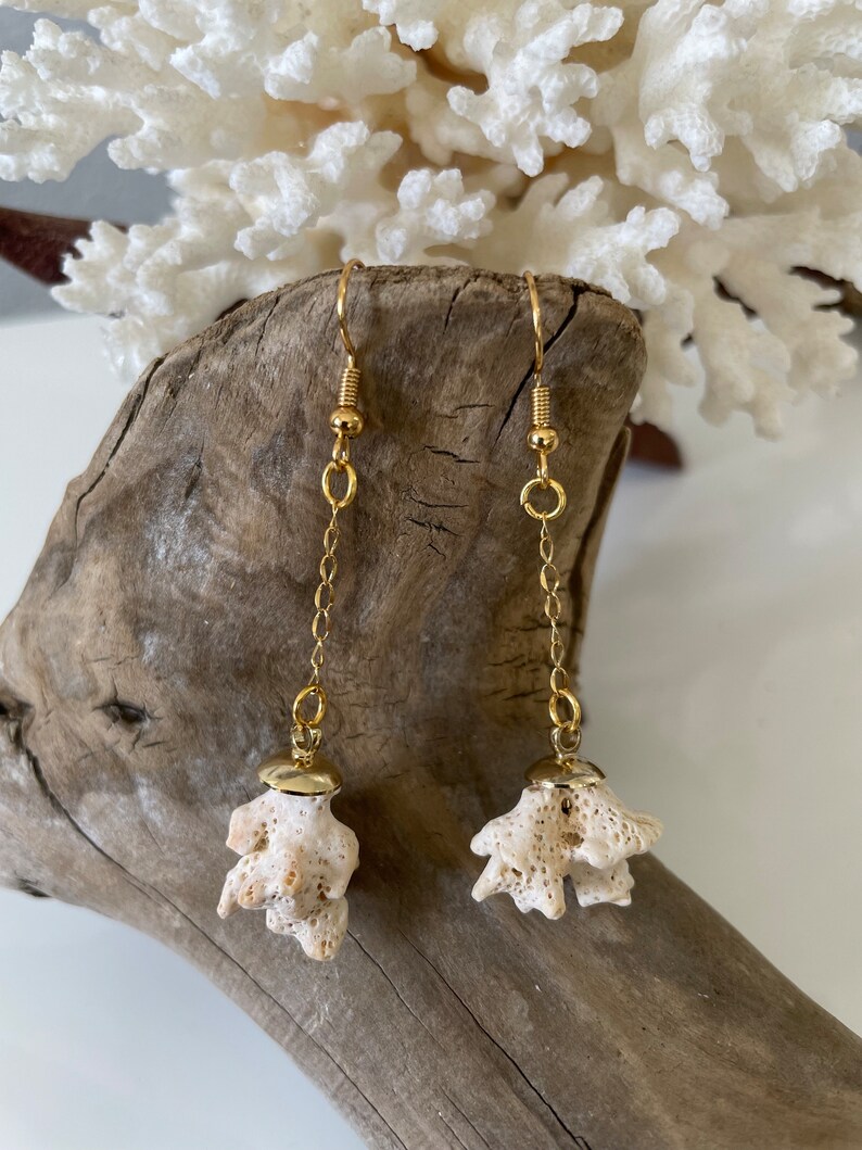 Coral Shell Drop Dangle Earrings in Gold image 1