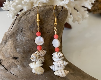 Shell Disc Coral Drop Dangle Earrings in Gold