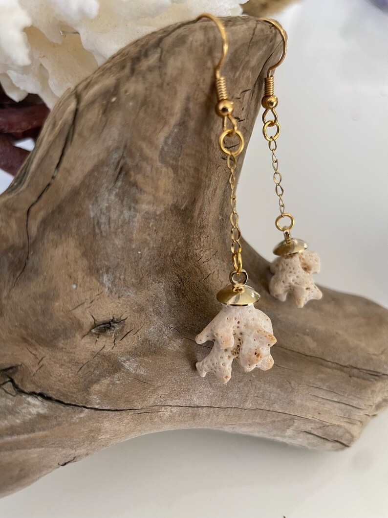 Coral Shell Drop Dangle Earrings in Gold image 3