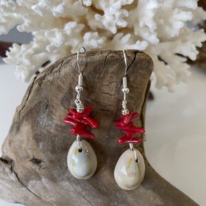 Shell Cowrie and Finger Coral Drop Dangle Earrings in Silver