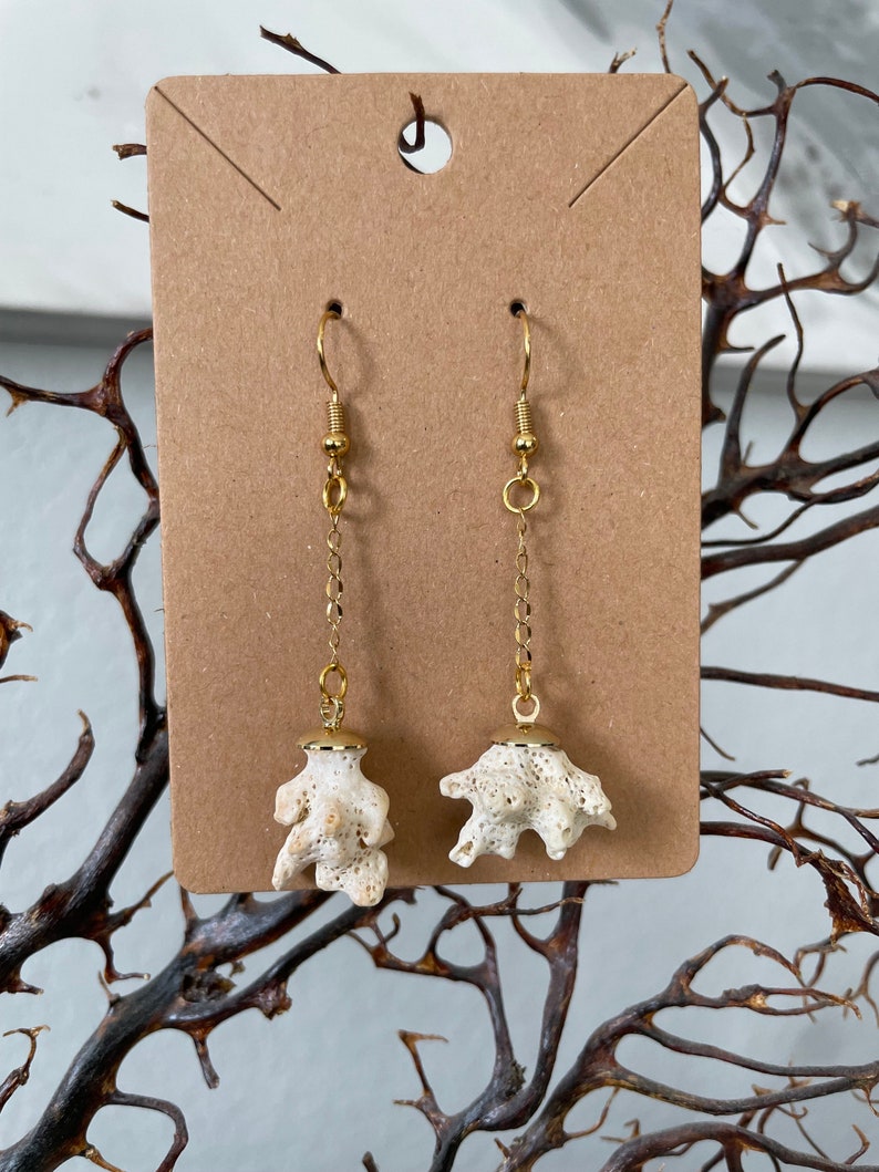 Coral Shell Drop Dangle Earrings in Gold image 2