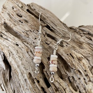 Tiger Puka Shell  Drop Dangle Earrings in Silver