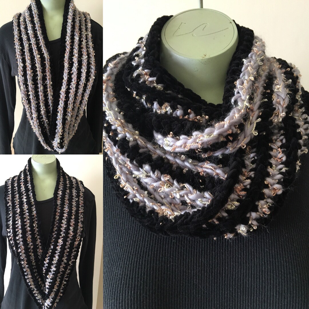 Crochet Plush Black and Gray Infinity Scarf - Etsy