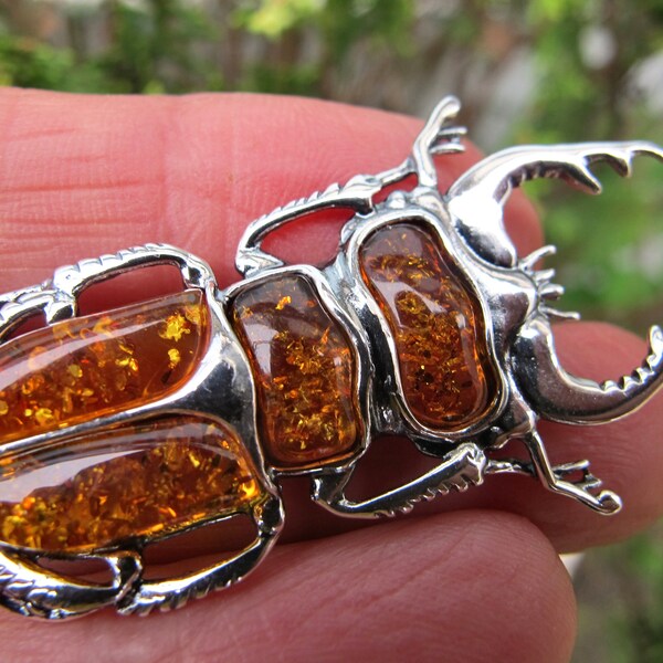 Scarab beetle  Amber Fossil Pendant Silver