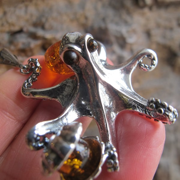 Large Octopus Silver Amber Pendant Unique fossil