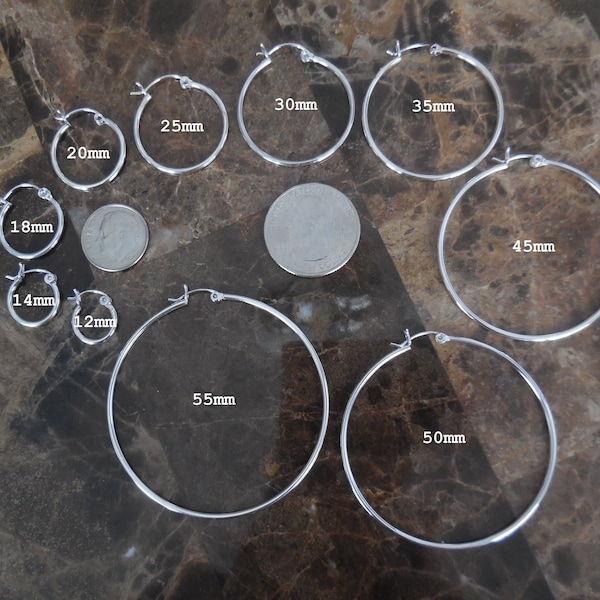 925 Sterling Silver Hoop Earrings - Snap Post - 1.5 mm Wide, Multiple Diameters