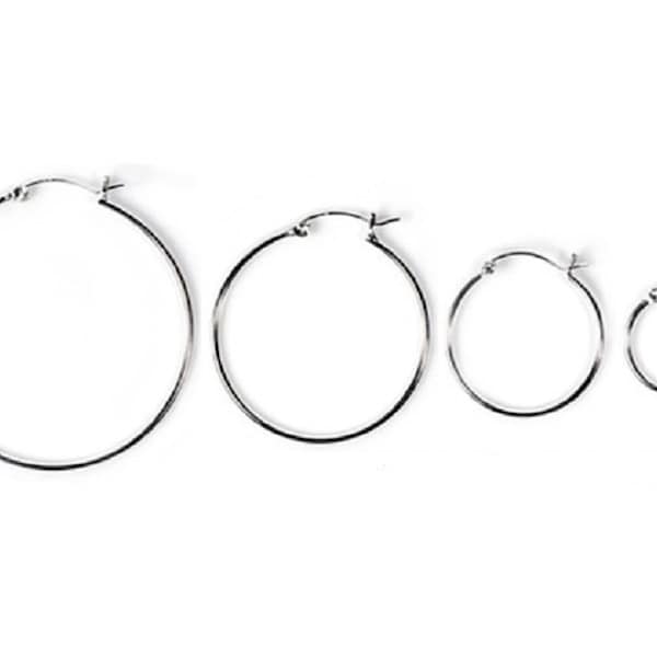 925 Sterling Silver Hoop Earrings - Snap Post - 1.5 mm wide - Multiple Diameters: 10 mm thru 75 mm