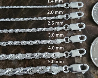 Solid Sterling Silver Diamond Cut Rope Chain Necklace and Bracelet Lengths