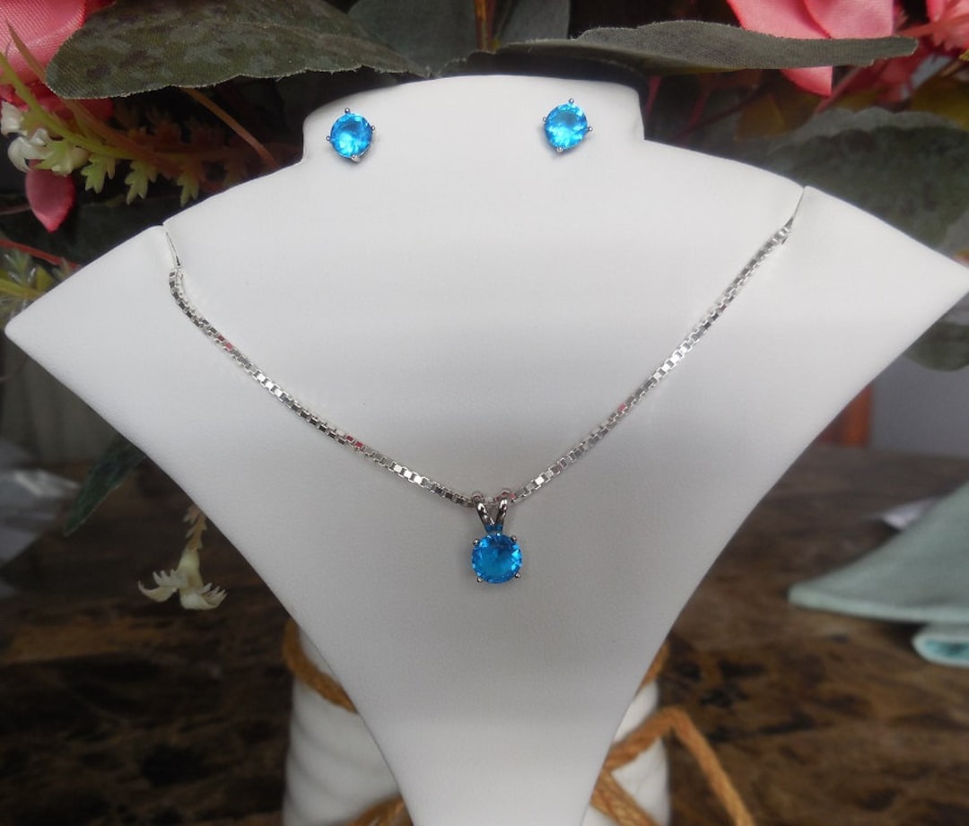 925 Sterling Silver Set - Blue Topaz CZ Stud Earrings and Pendant - Etsy