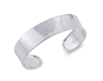 925 Sterling Silver Oval Cuff Bangle Bracelet - High Polish - Slight Concave Surface - 15 mm width