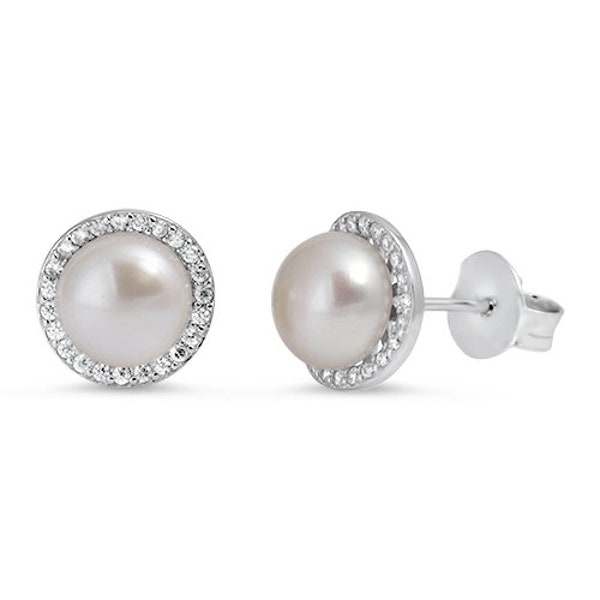 925 Sterling Silver Genuine Pearl Stud Earrings w/Cubic Zirconia - 8.5 MM