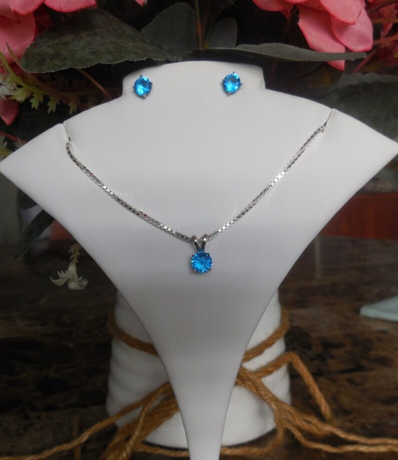 925 Sterling Silver Set - Blue Topaz CZ Stud Earrings and Pendant - Etsy