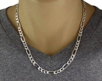 925 Sterling Silver Figaro Link Chain Necklace - 180 Gauge 7 mm - 20"/22"/24"/26"