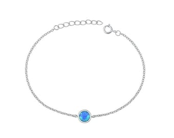 925 Sterling Silver Bracelet with Blue Opal - 6 1/2 inch with 1 inch extension