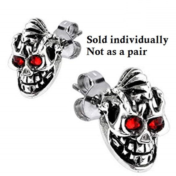 Pair of Stainless Steel Red CZ Gem Eyes Skull Earrings Studs Pair of Stainless Steel Red CZ Gem Eyes Skull Earrings Studs