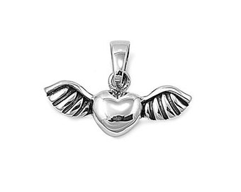 925 Sterling Silver Winged Heart Pendant Charm