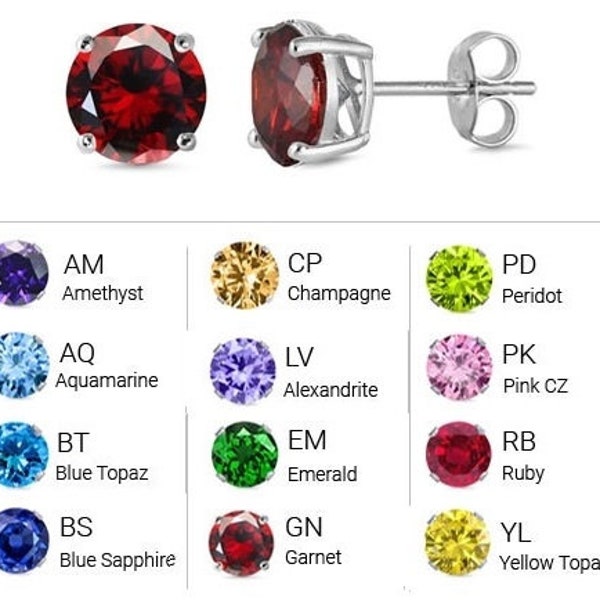 925 Sterling Silver Birthstone Stud Earrings 2 thru 7 mm Ruby Sapphire Emerald Amethyst Topaz Garnet Aquamarine Peridot