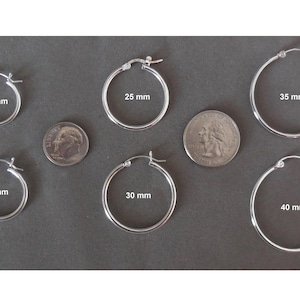 925 Sterling Silver Hoop Earrings - Snap Post - 2 mm wide - Multiple Diameters: 12 mm thru 60 mm