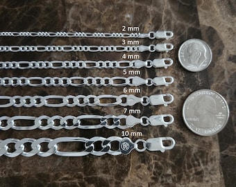 Solid Sterling Silver Figaro Link Chain Necklace and Bracelet Lengths
