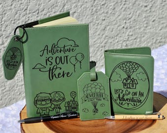 Up Theme Travel Set: Brown or Sage Leatherette Journal, Passport Holder, Luggage Tag, Keychain, & Pen