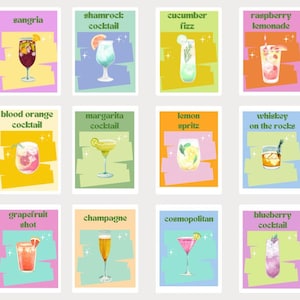 Cocktail Print Set of 12, Colorful Bar Cart Gallery Wall, Digital Download, Cocktail Posters, Drinks Wall Decor