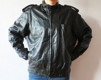 Giacca da motociclista in pelle nera vintage - Luigi Tomasi - Taglia Large da uomo