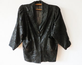Blazer de cuero negro con estampado vintage de los años 80 (talla grande)