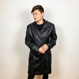 Long Black Leather Trench Coat Vintage 90s Black Blazer Jacket Leather Coat Minimalist Longline Jacket Retro Outerwear Size L Womens Coat