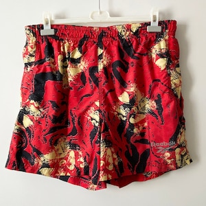 Vintage Reebok Swim Shorts: Red Abstract Print, Men&#39;s XL