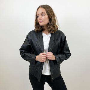 Vintage 80s Cropped Black Leather Jacket Womens Avant Garde Batsleeve Short Genuine Soft Black Leather Bomber Blazer Biker Rocker Size M