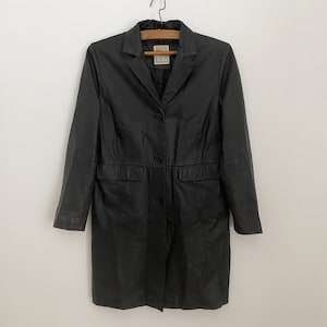 Long Black Leather Trench Coat Vintage 90s Black Blazer Jacket Leather Minimalist Longline Jacket Retro Outerwear Size Medium Womens Coat