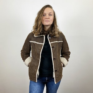 Vintage Chocolate Brown Suede Sherpa Coat - Size S