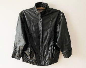 Giacca da motociclista in pelle nera vintage: gilet trasformabile, taglia uomo 40