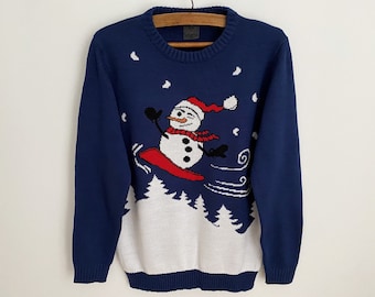 Vintage Blue Knitted Ugly Christmas Sweater: Snowman Cardigan (XL)