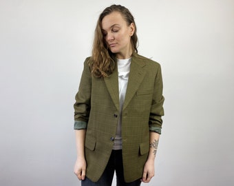 Vintage 90s Green Wool Blend Blazer Green Plaid Wool Blend Lined Jacket Checked Formal Jacket Sportcoat Jacket Casual Office Jacket Size M