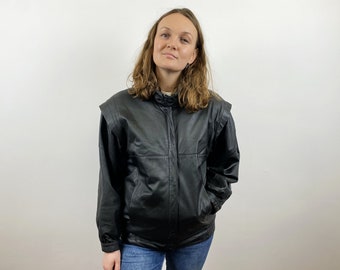 Blazer in pelle nera vintage: giacca da motociclista da donna, taglia L