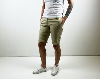 Vintage Khaki Chino Shorts: High Waist Stretchy Knee Length