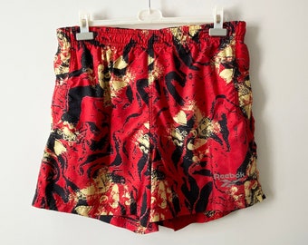 Vintage Red Abstract Print Reebok Swim Shorts Beach Shorts With Pockets Men's Swimwear Swim Trunks Athletic Wear Size XL Large Swim Shorts