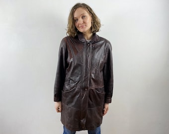 Vintage Brown Genuine Leather Coat: Retro Leather Jacket, Size M