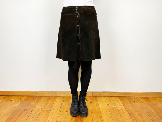 70s Suede Leather Skirt Vintage Brown Leather Snap