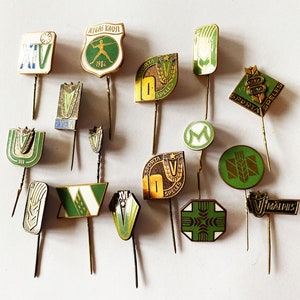 Vintage USSR Green Enamel Pin Badges - Set of 16
