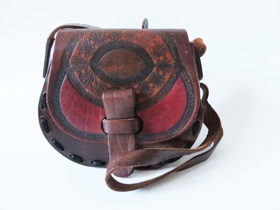 Vintage 80s Tooled Leather Saddle Bag Dark Brown … - image 1