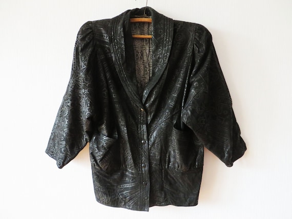 Black /& Brown 80s Vintage Long Leather Blazer Jacket Size M E D I U M