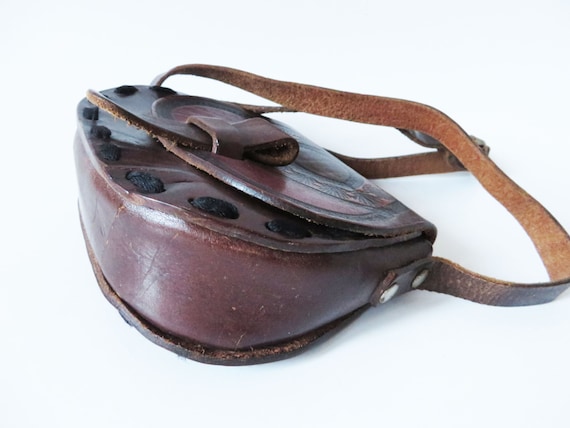 Vintage 80s Tooled Leather Saddle Bag Dark Brown … - image 3