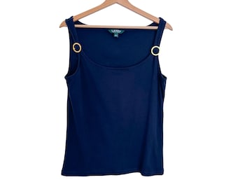 Vintage Ralph Lauren Navy Blue Cotton Blouse - Women's Size L