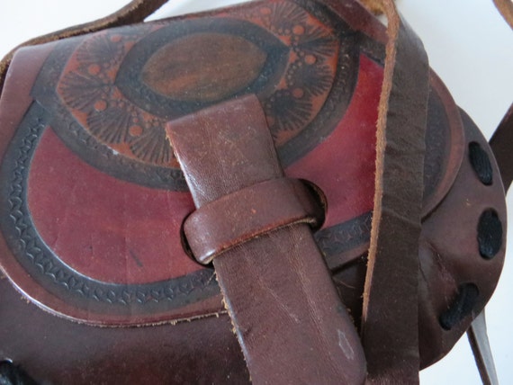 Vintage 80s Tooled Leather Saddle Bag Dark Brown … - image 4