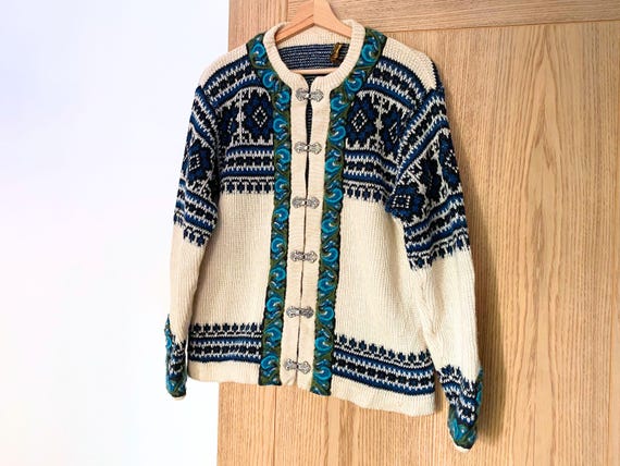 Vintage Nordstrikk Norway Fair Isle Wool Cardigan | Unisex Winter Cream Blue Nordic Knit Sweater