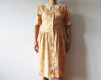 80s Vintage Floral Dress Size L: Retro Peach Orange Dress with Lace Collar